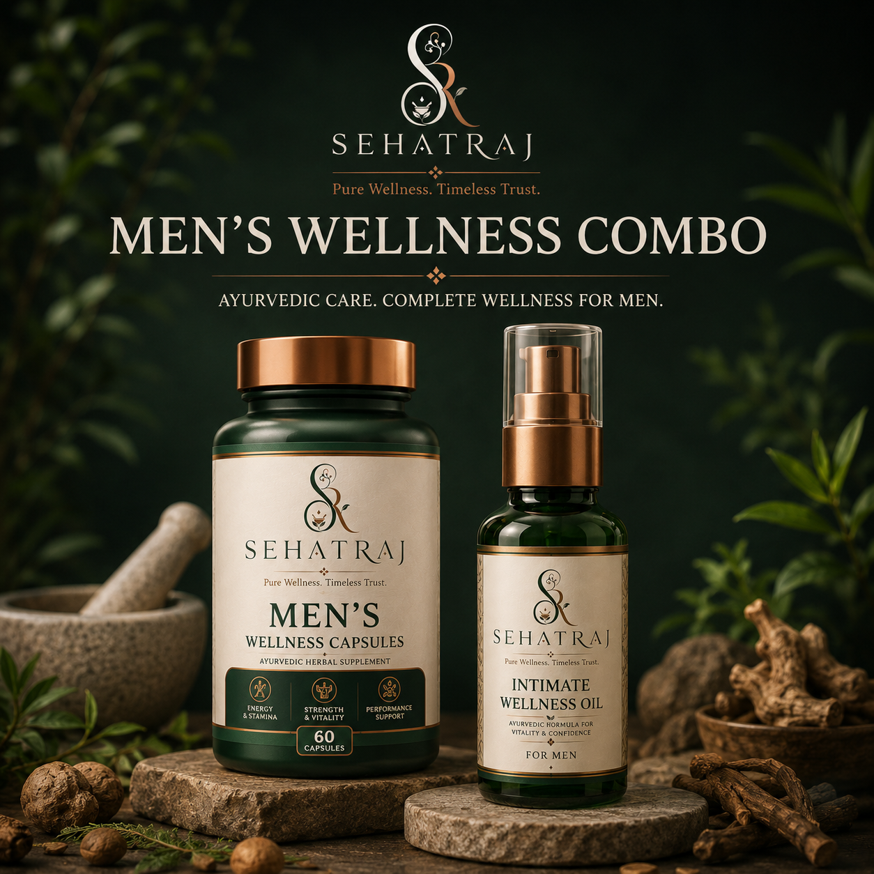 SehatRaj Men's Wellness Combo | 60 Capsules + 50ml Wellness Oil