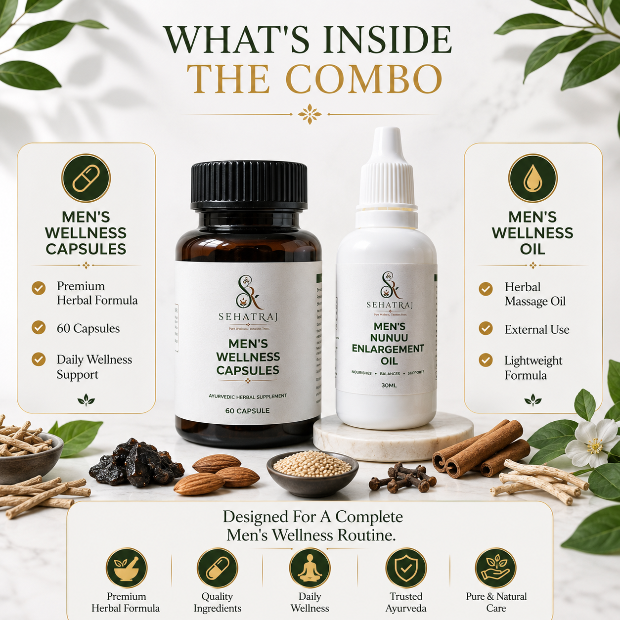 SehatRaj Men's Wellness Combo | Premium Ayurvedic Capsules + Herbal Wellness Oil
