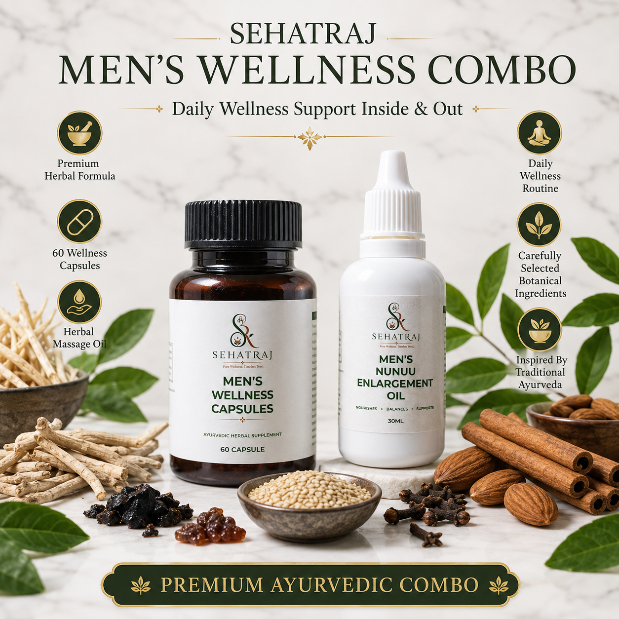 SehatRaj Men's Wellness Combo | Premium Ayurvedic Capsules + Herbal Wellness Oil