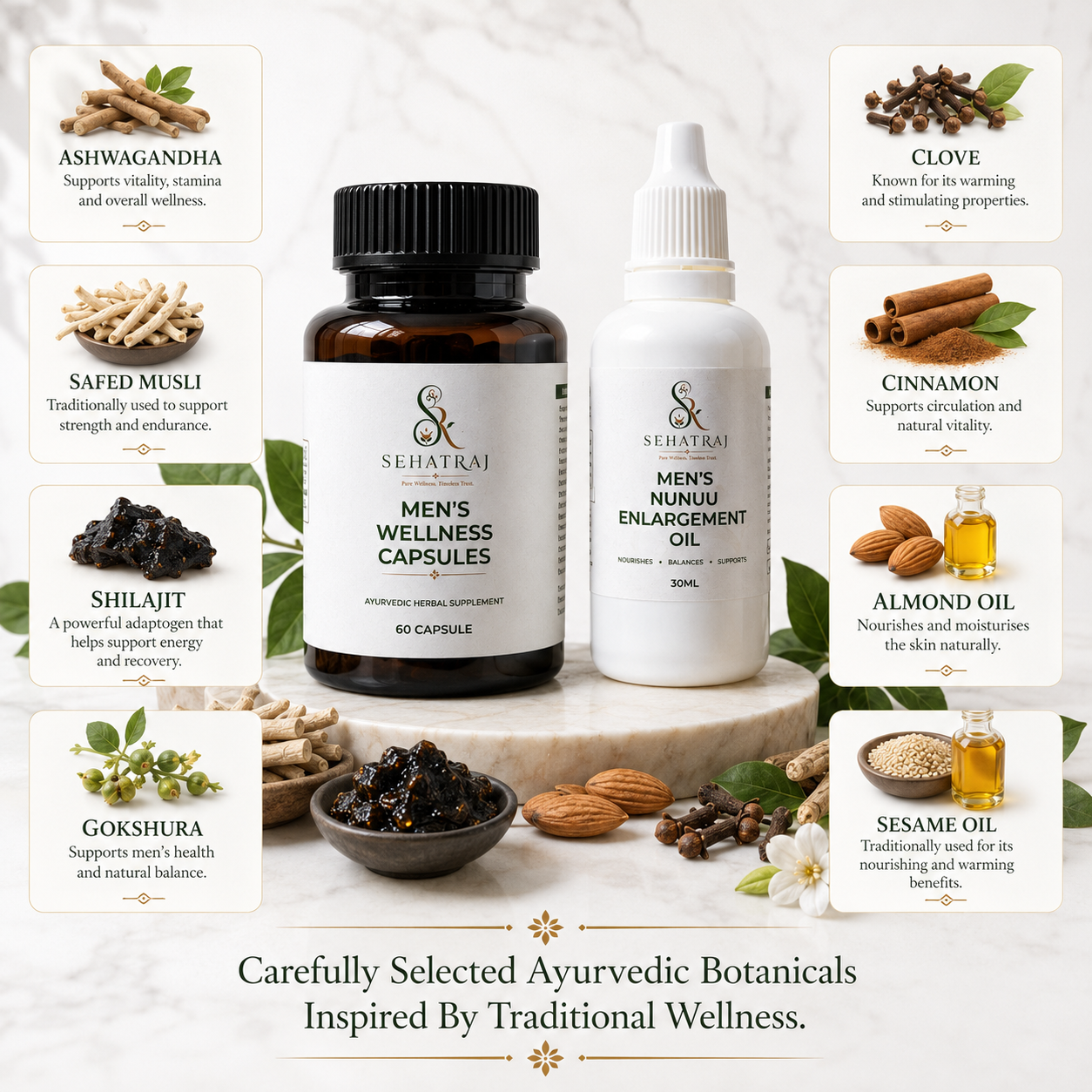 SehatRaj Men's Wellness Combo | Premium Ayurvedic Capsules + Herbal Wellness Oil
