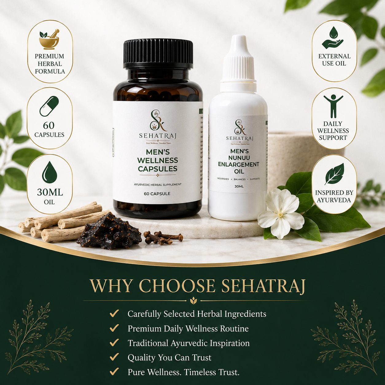 SehatRaj Men's Wellness Combo | Premium Ayurvedic Capsules + Herbal Wellness Oil