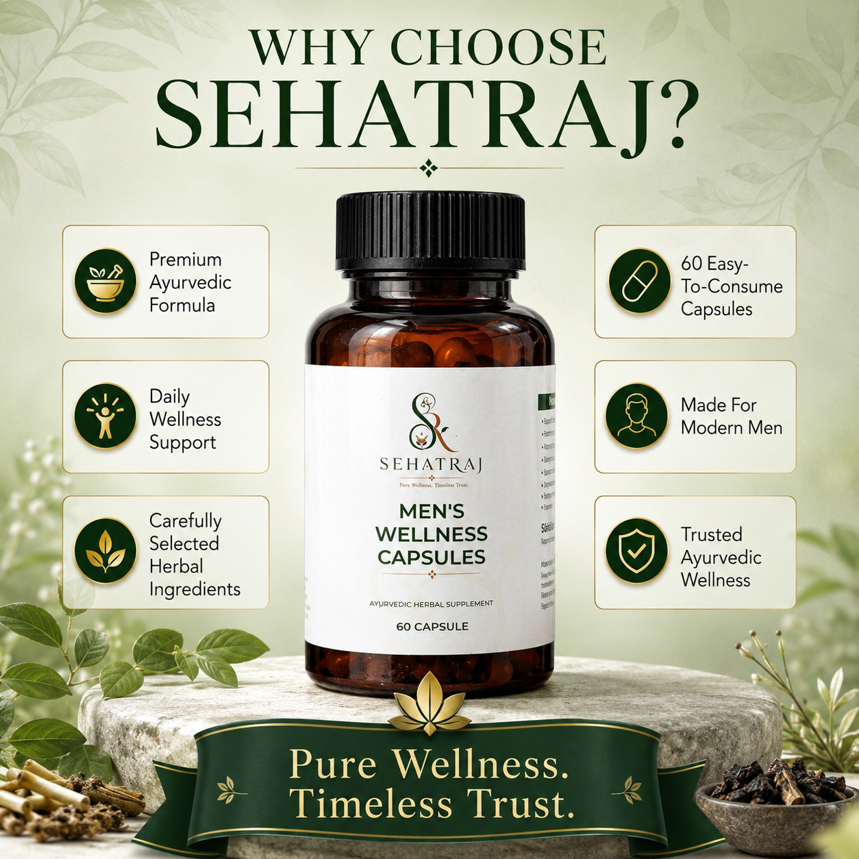 SehatRaj Men's Wellness Capsules | Premium Ayurvedic Formula | 60 Capsules